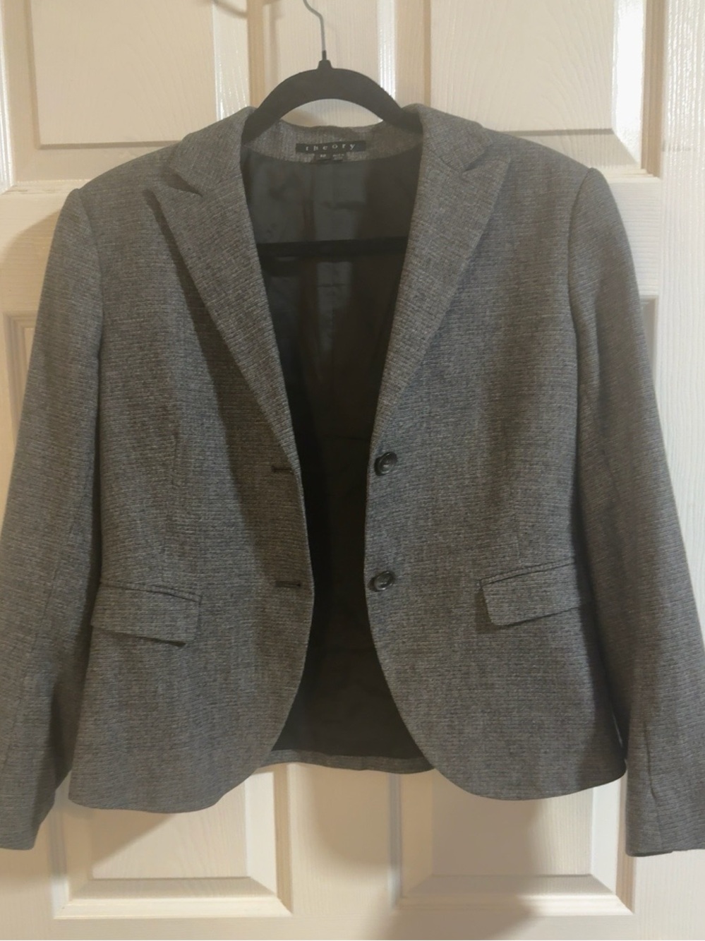 Theory Edynas Gray Virgin Wool Blazer Black Elbow Patches Size 12